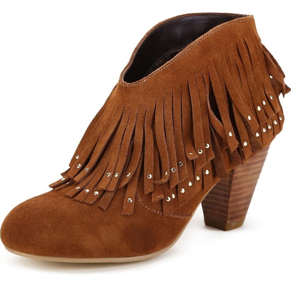 Ann Greek Cognac Fringe Collar Heel Bootie For Women's Size 8.5